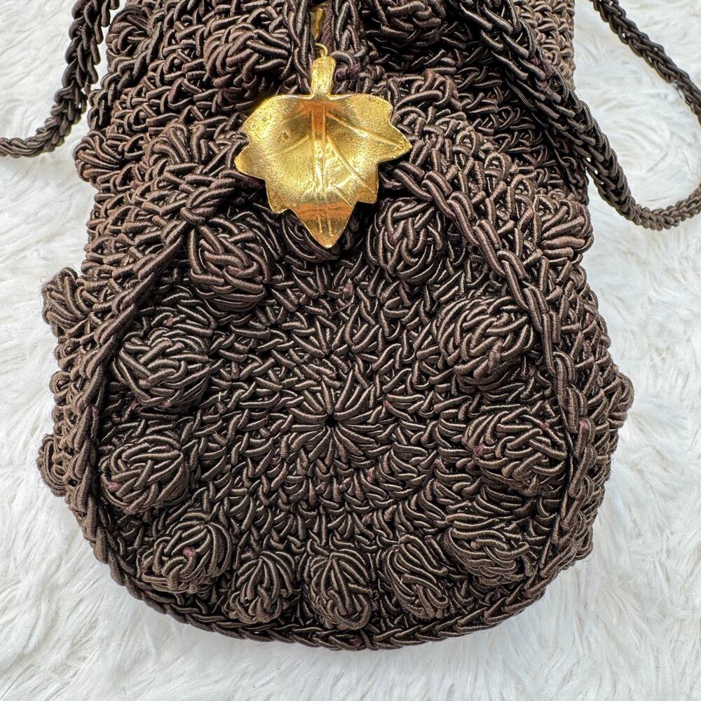 1940s Vintage Brown Cordé Crochet Handbag Gold Leaf Pull Double Handle 14” - Picture 2 of 16